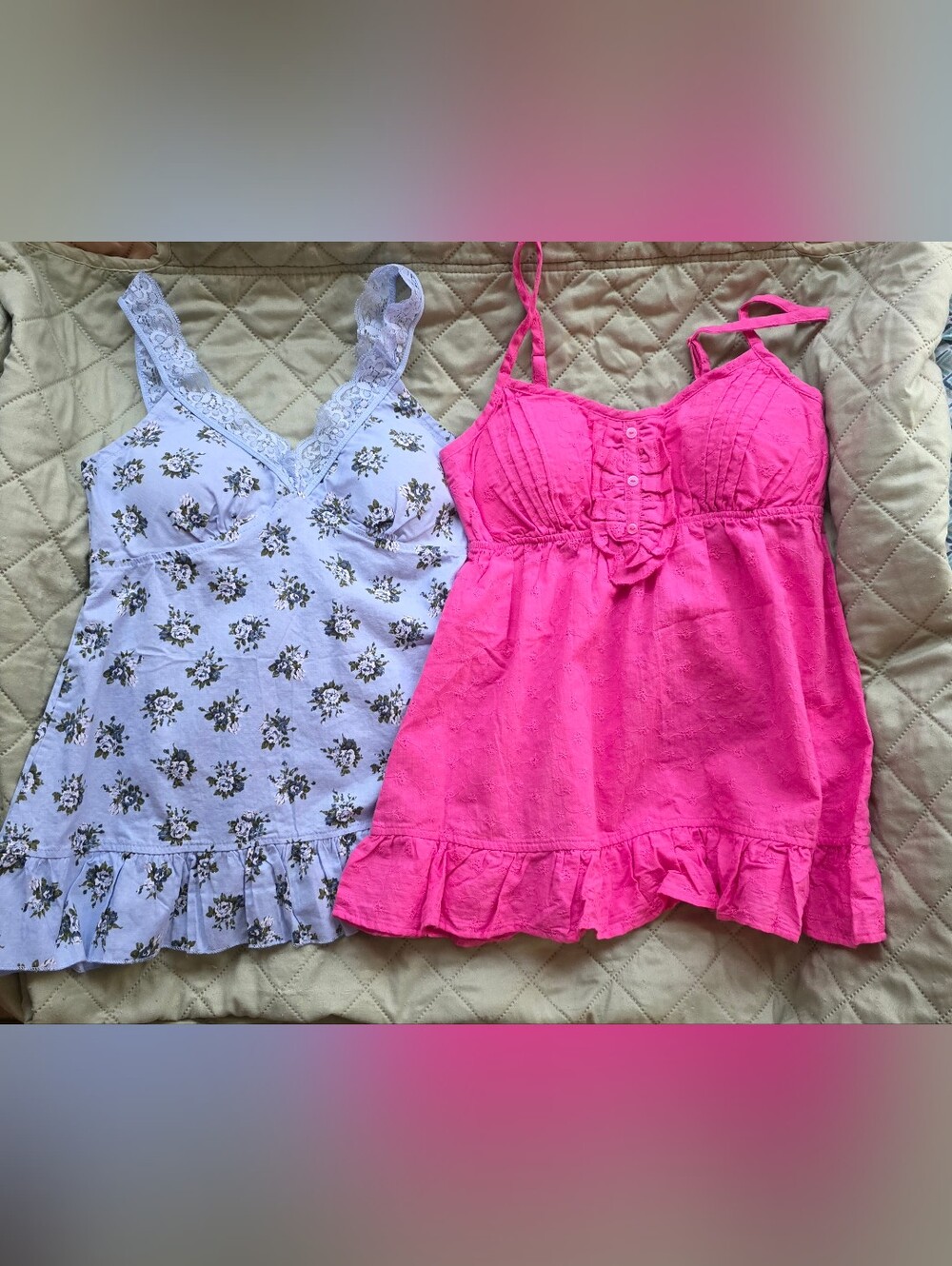 NEW- LeI 2 Small Womens Top-1 Pink & 1 Blue Eyelet Ruffle Cami Top